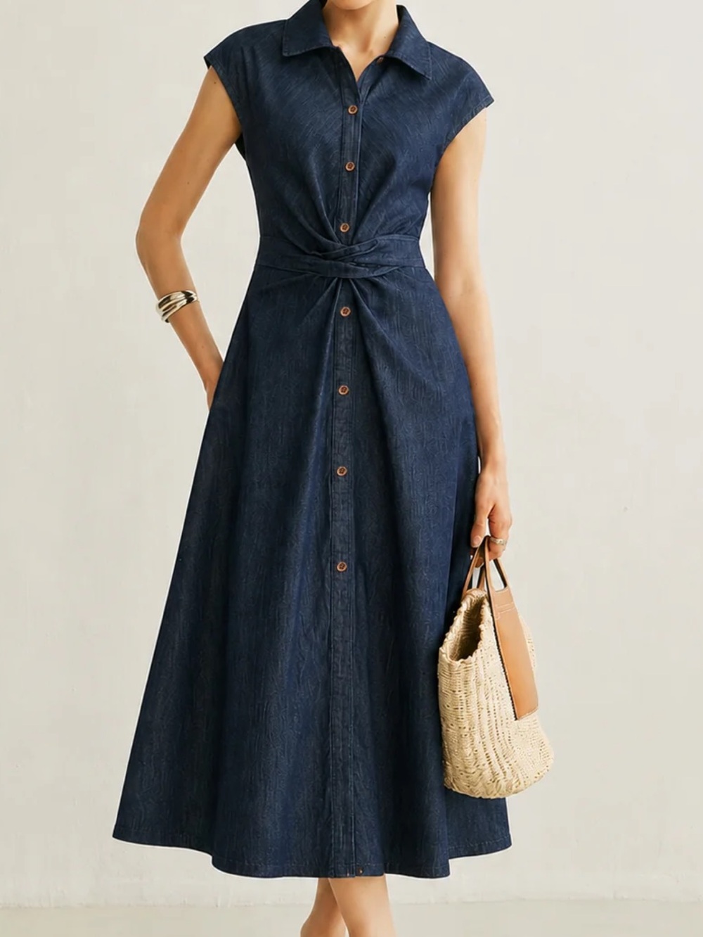 Commense Button-Front Shirt Navy Midi Dress with Twist Waist Size S